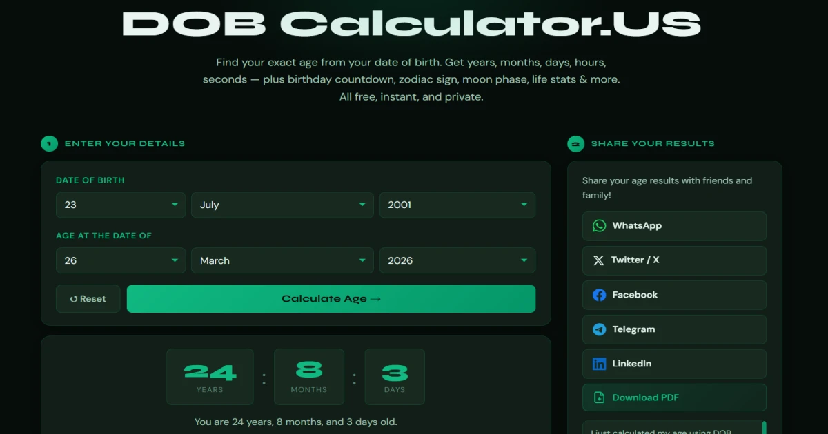DOB calculator showing age in years months and days